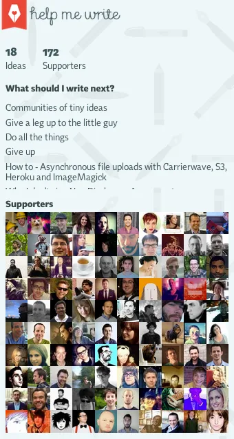 My helpmewrite profile, showing the things I might write about and the people who have said they’d like to read them